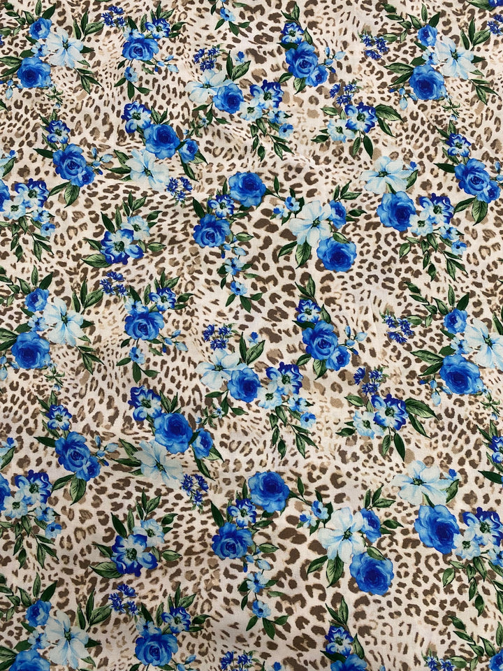Printed Viscose Fabric – Blue Floral Leopard Print | 100% Viscose