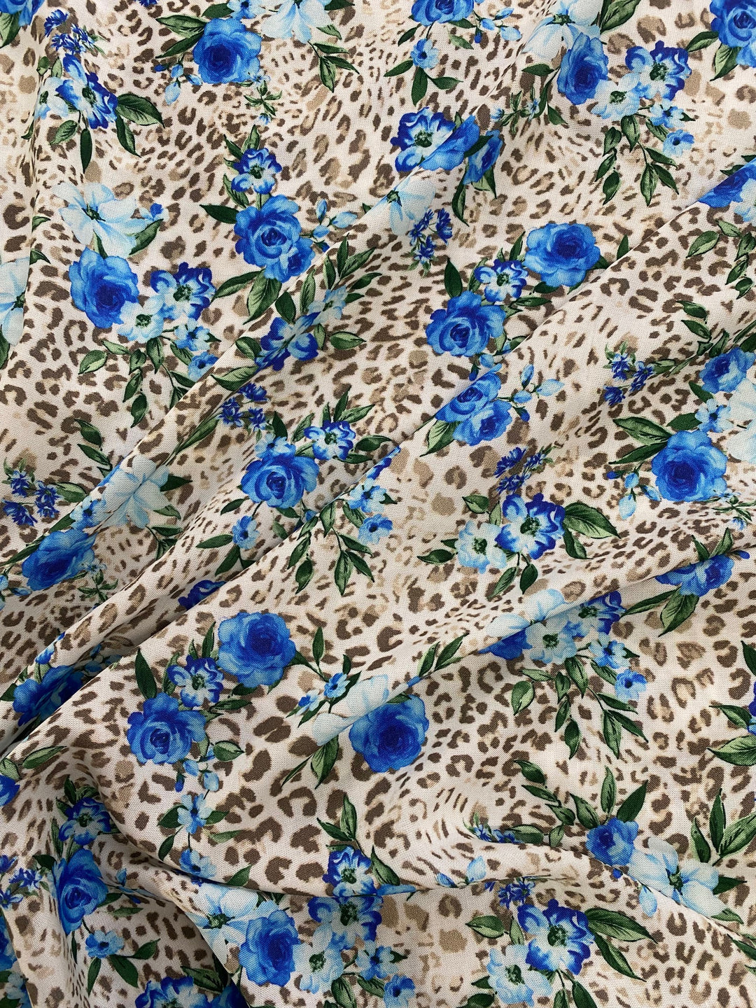 Printed Viscose Fabric – Blue Floral Leopard Print | 100% Viscose