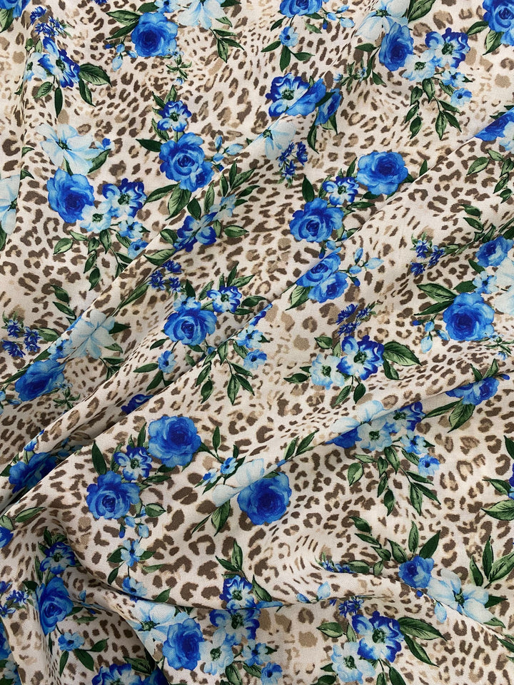 Printed Viscose Fabric – Blue Floral Leopard Print | 100% Viscose