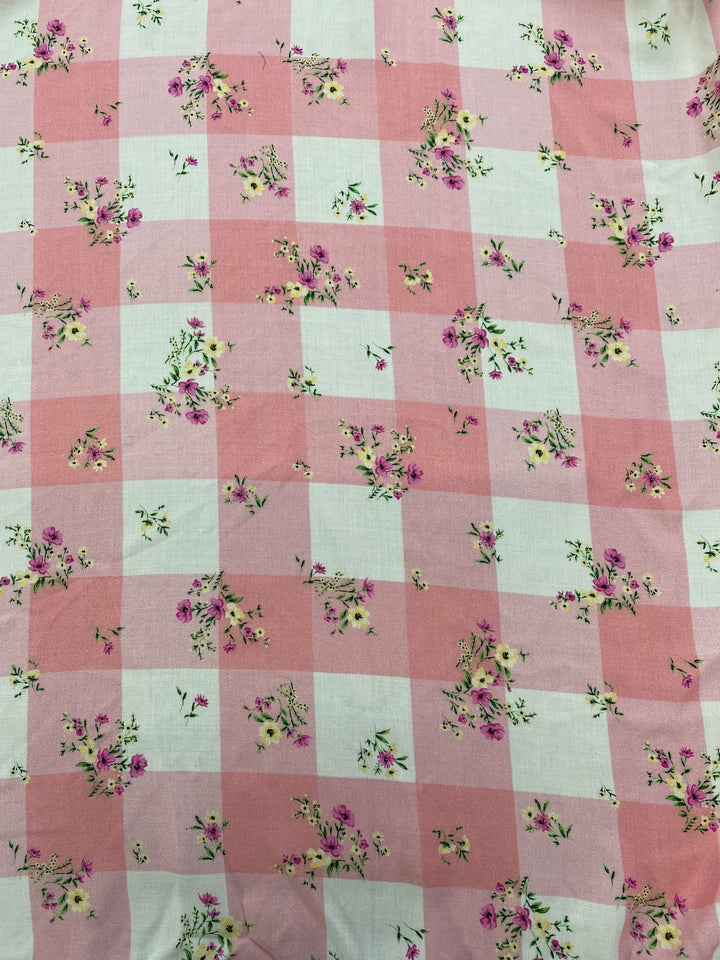 Printed Viscose Fabric – Pink Gingham Floral Sprig | 100% Viscose