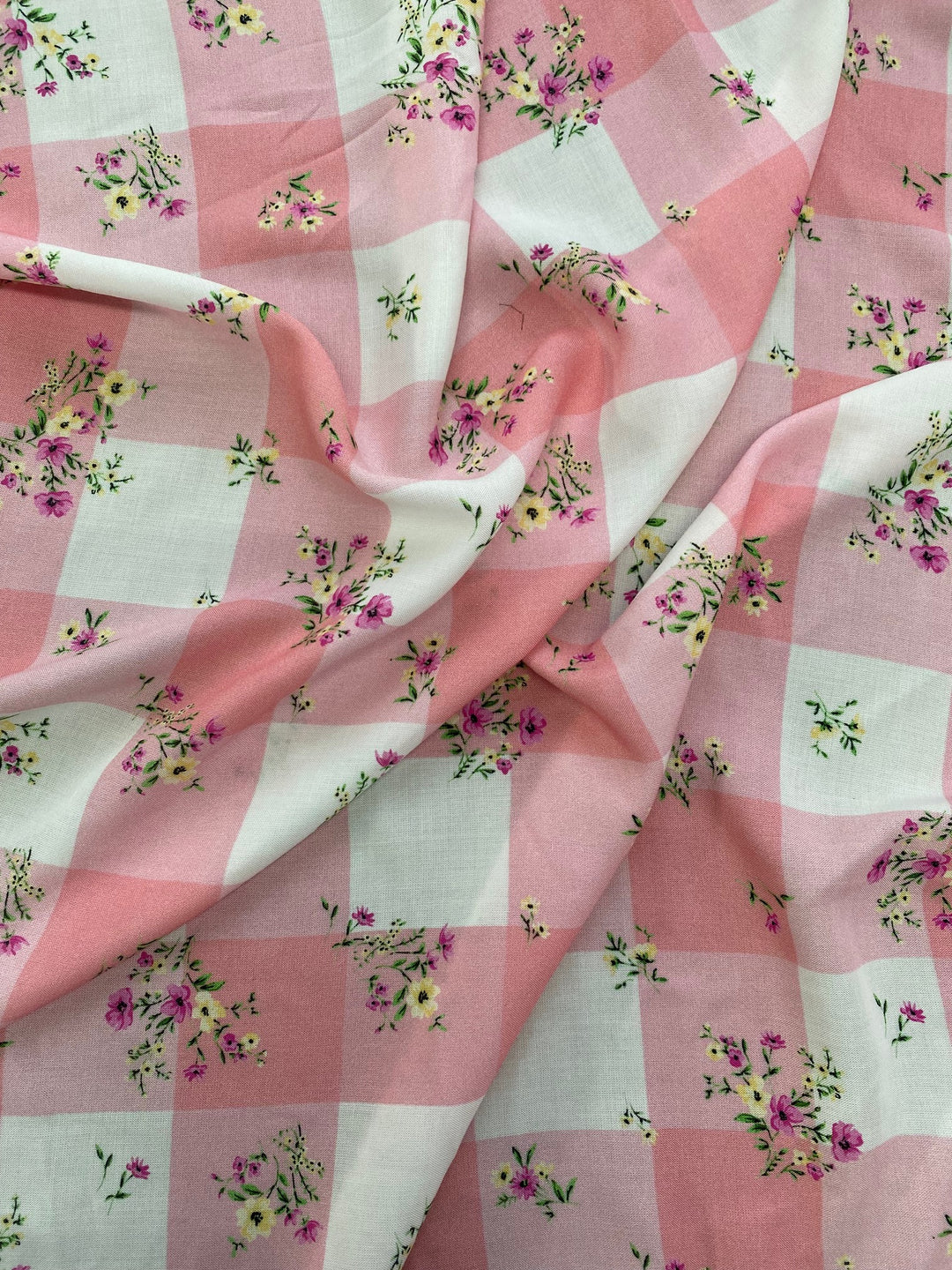 Printed Viscose Fabric – Pink Gingham Floral Sprig | 100% Viscose