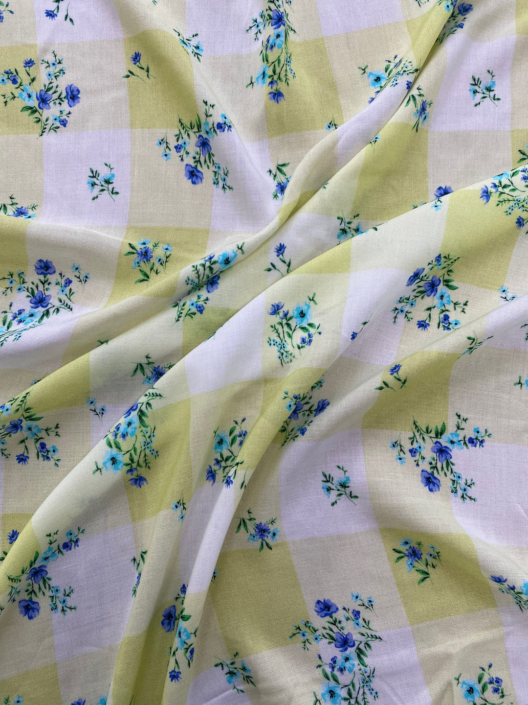 Printed Viscose Fabric – Lemon Gingham Blue Floral | 100% Viscose