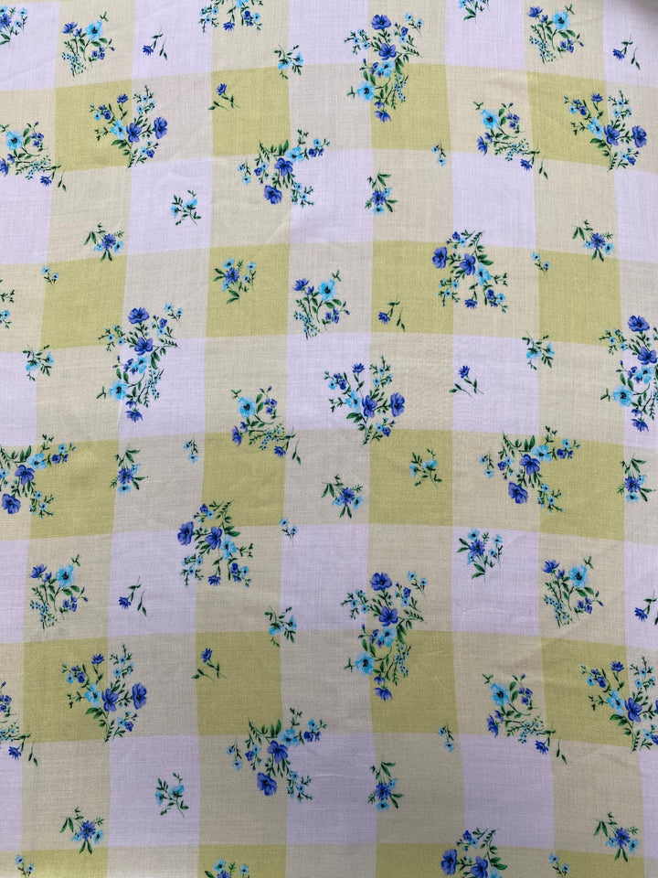 Printed Viscose Fabric – Lemon Gingham Blue Floral | 100% Viscose
