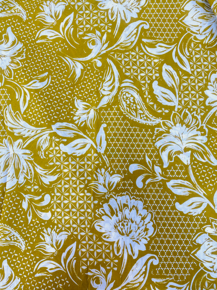 Printed Cotton Voile Fabric – Mustard Floral Geo | 100% Cotton