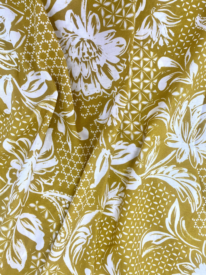 Printed Cotton Voile Fabric – Mustard Floral Geo | 100% Cotton