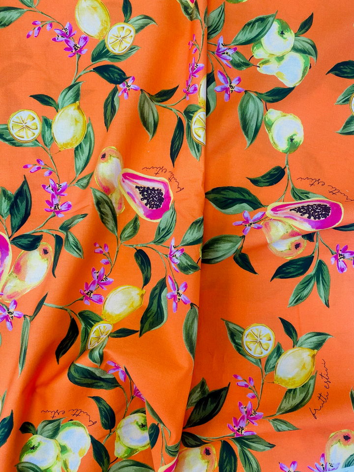 Printed Cotton Poplin Fabric – Orange Lemon Floral | 100% Cotton