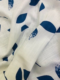 Leaf Print Viscose Linen - Ivory / Navy